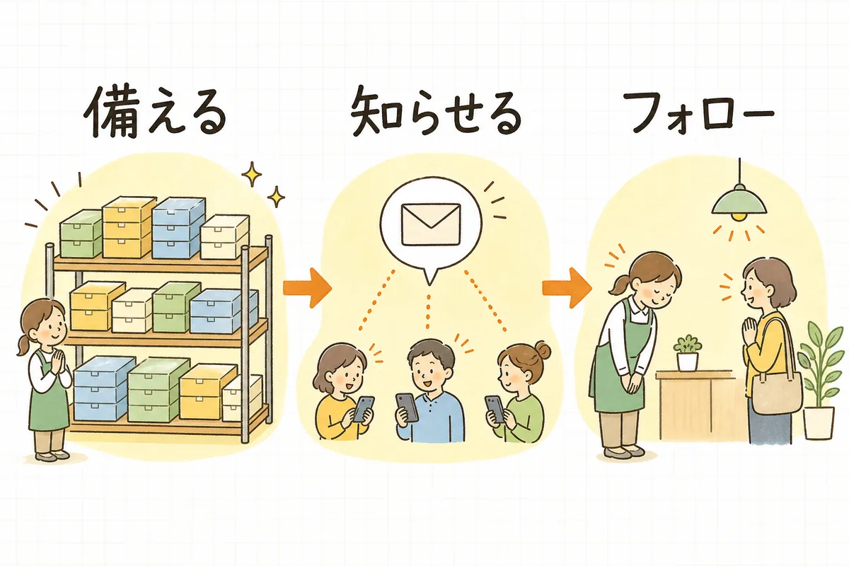 「備える（在庫）」→「先回りで知らせる」→「ていねいにフォロー」の3ステップで、配送遅延による不安を安心に変える流れを示した図
