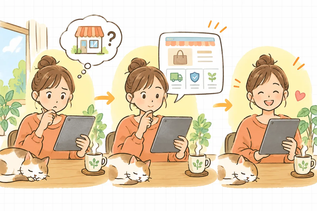 初めて訪れたネットショップのトップで「どんなお店だろう」と少し緊張しながらも、わかりやすい案内を見つけて表情がやわらいでいく買い物客の情景
