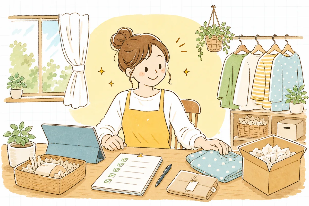 必要な手続きを確認し終えて、安心した表情で自分のネットショップの出品作業に取りかかる運営者