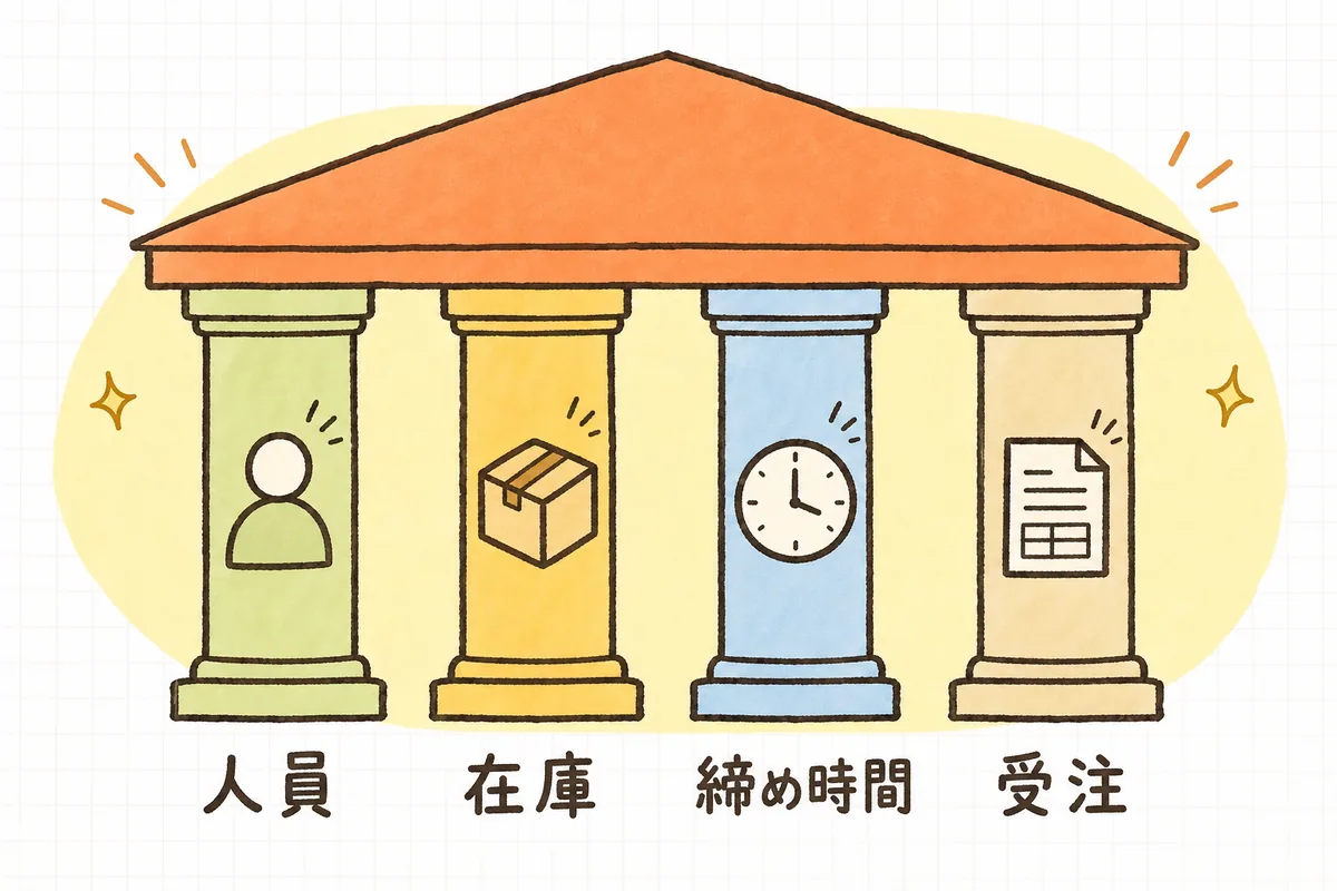 人員・在庫・締め時間・受注処理の4つの柱が、繁忙期の出荷という屋根を下から支えている図