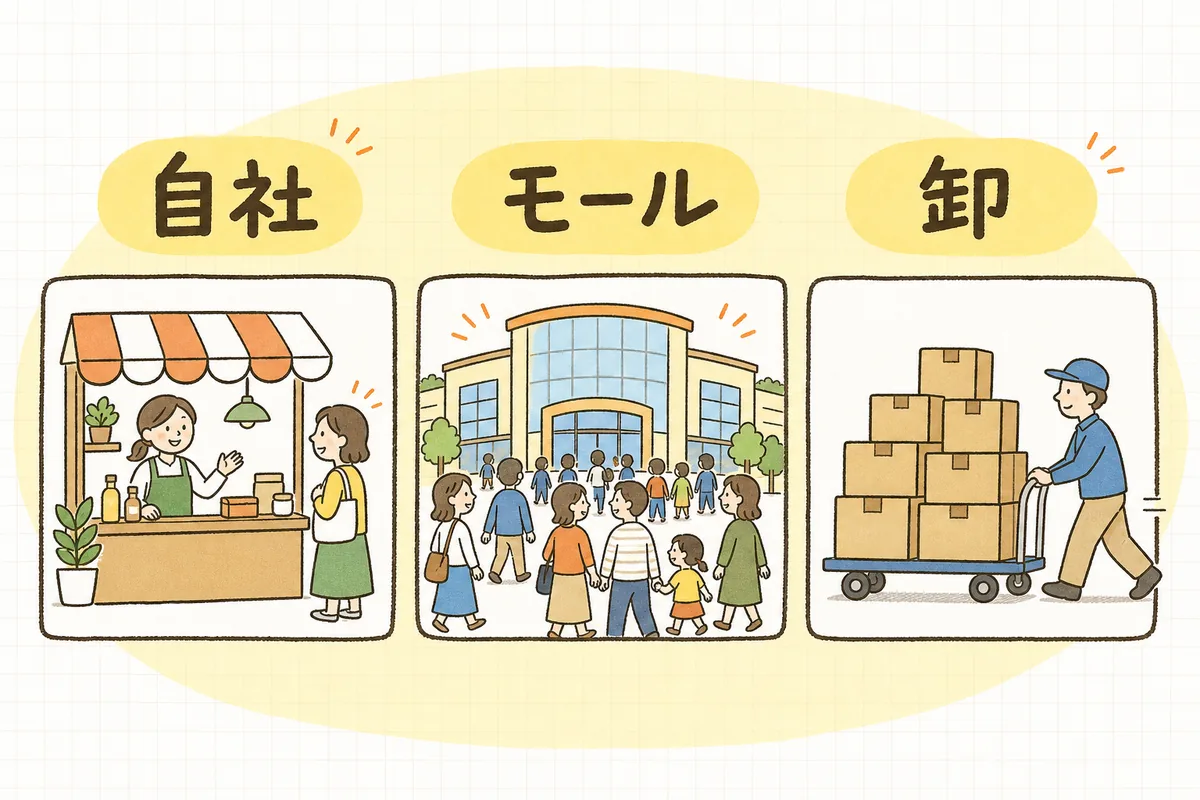自社サイト・モール・卸の3つの販路それぞれの役割（関係・出会い・数量）を並べた図