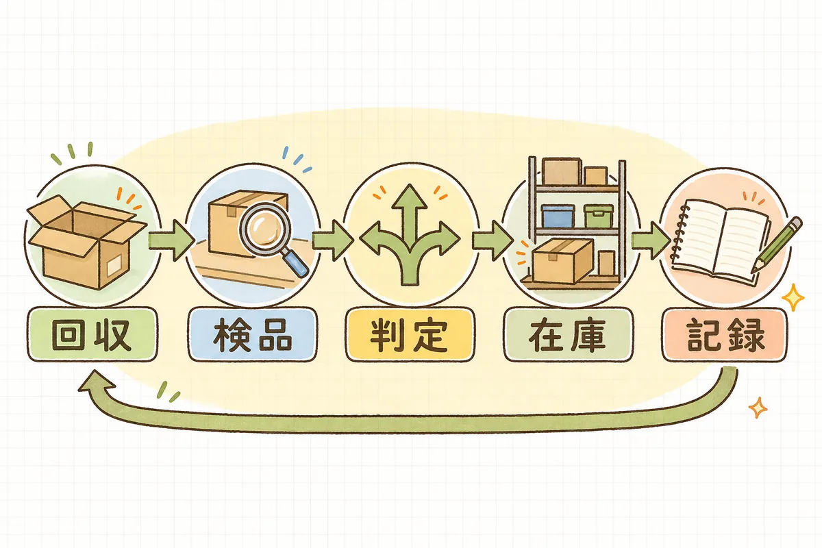 返品物流を「回収」「検品」「判定」「在庫戻し」「記録・改善」の5ステップの一本の流れで示した図