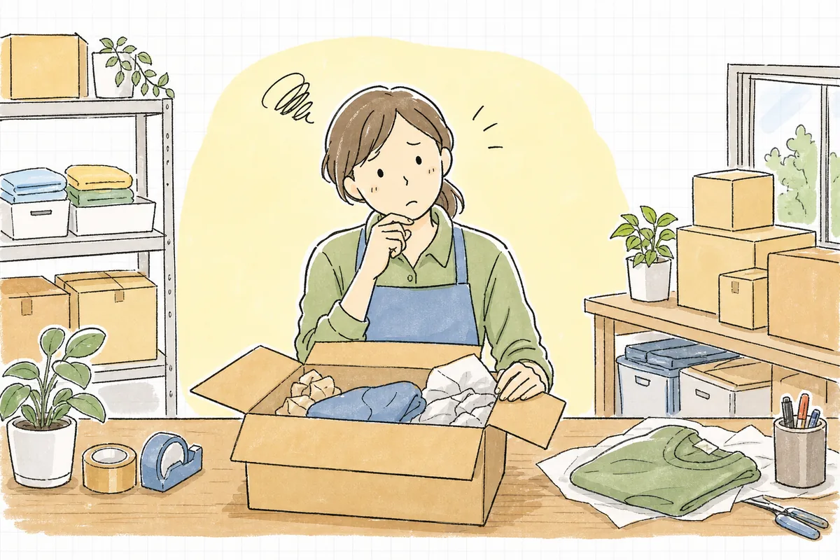 届いた返品の箱を前に、少し困った表情で「どこがいけなかったのかな」と考えているEC担当者