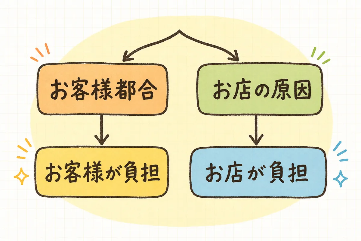 返品理由を「お客様都合」と「お店側の原因」に分け、それぞれ送料の負担者が変わることを示した図