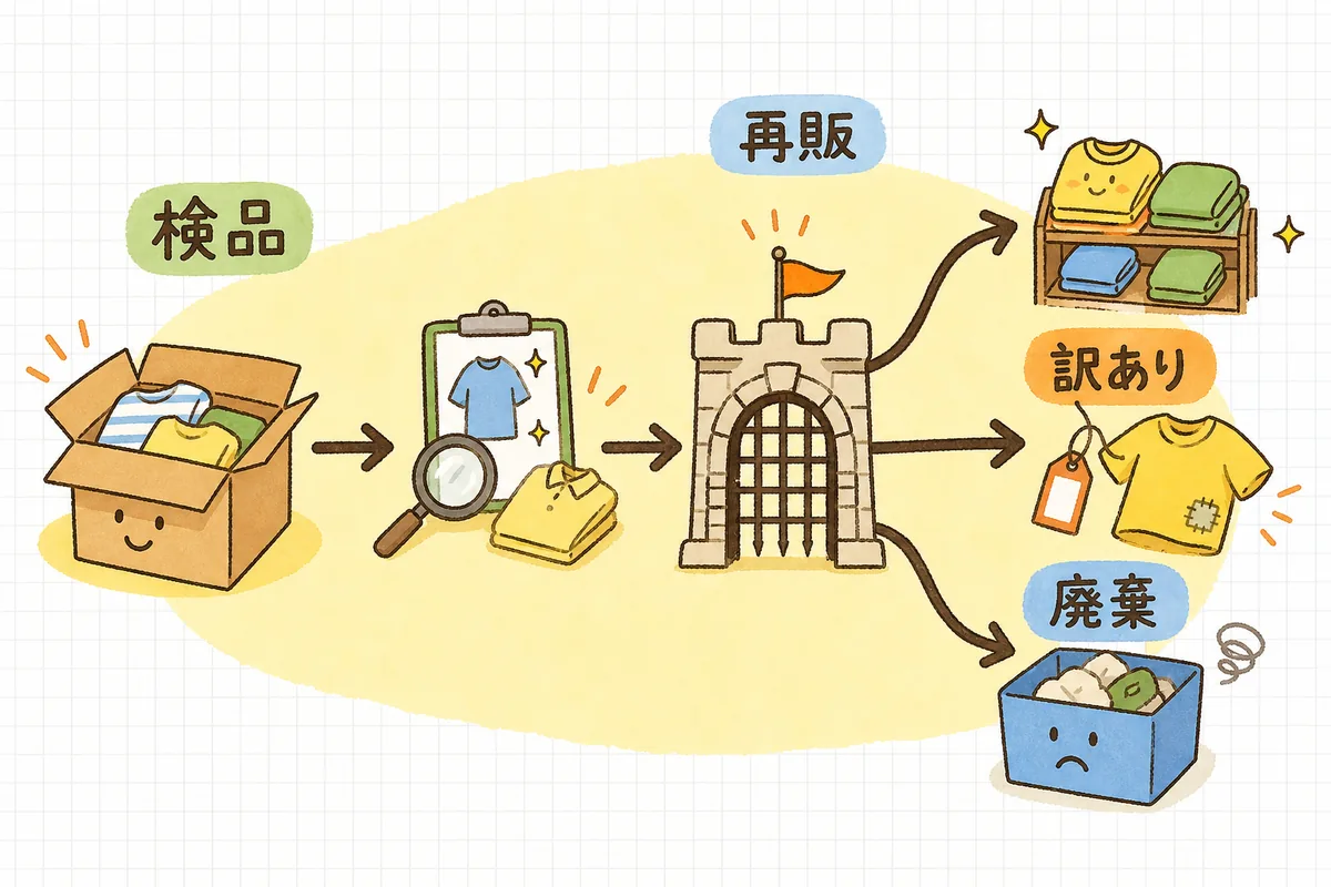 返ってきた商品を検品し、再販・訳あり・廃棄の三つに枝分かれさせて仕分ける判断フローの図