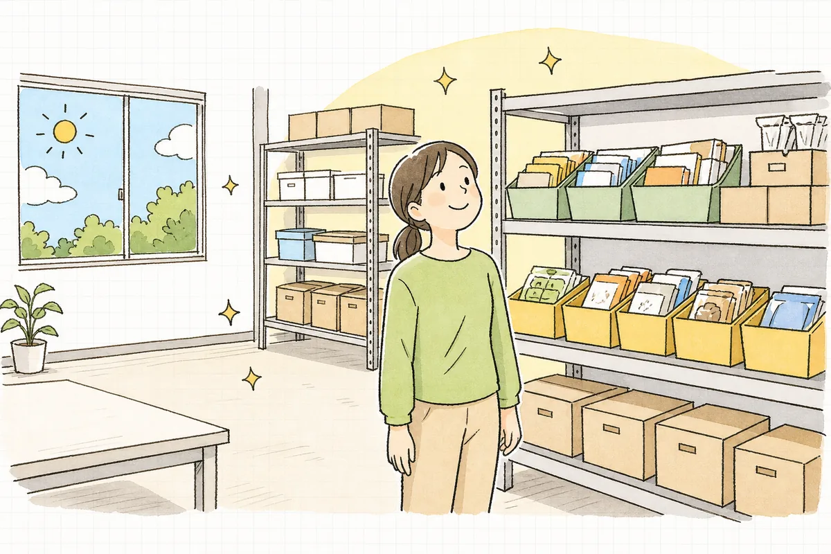 整理された倉庫で返品の仕分けを終え、すっきりと片づいた棚を前に前向きな表情のEC担当者の明るい様子