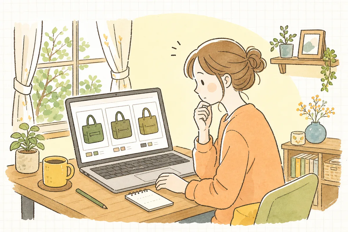 パソコンの前で、自分の商品と他の選択肢を見比べながらどれにしようか迷っている買い物中の人