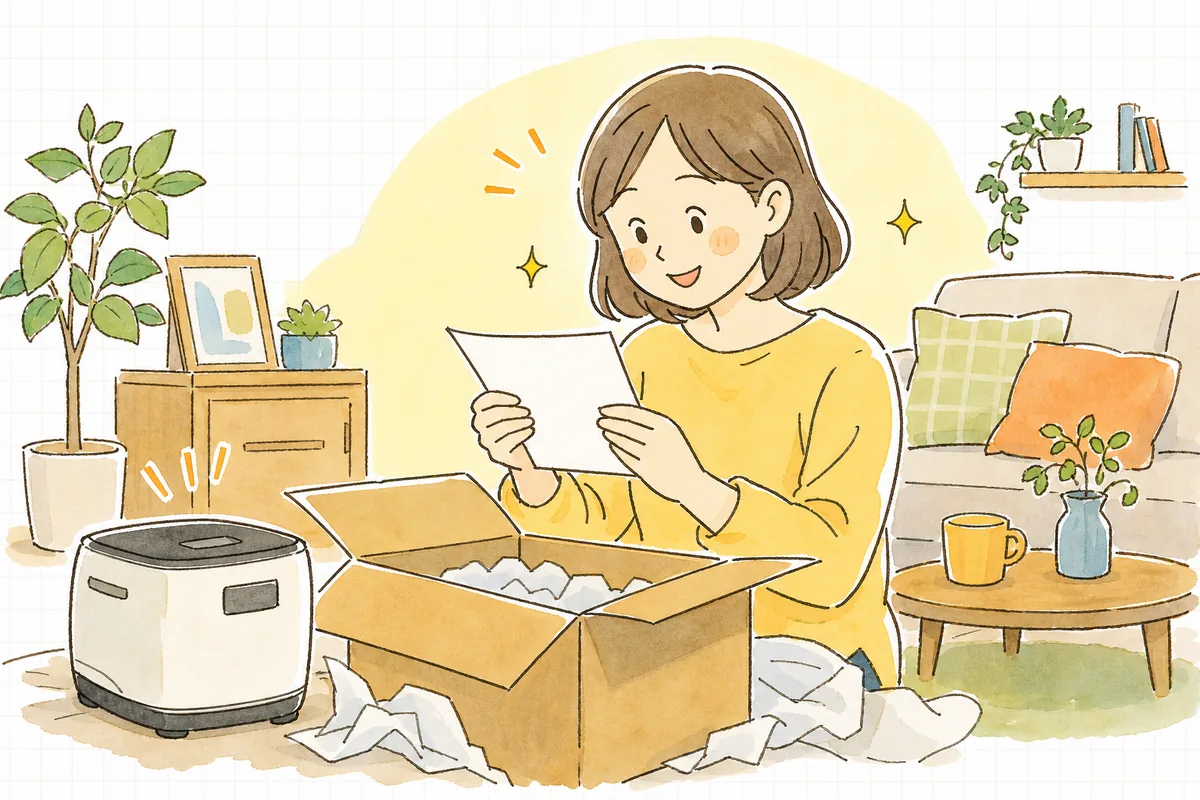 届いた家電の箱を開け、同梱された保証書を手に取って安心した表情で読んでいるお客様の情景