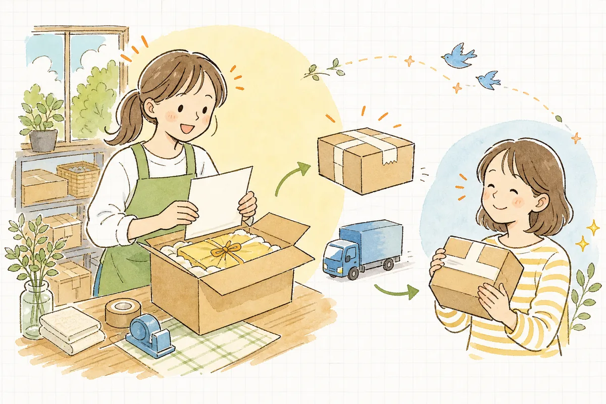 整った保証書とともに商品を気持ちよく送り出すEC担当者と、受け取って安心するお客様の明るい情景