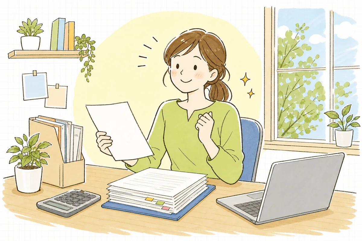 適格請求書の準備が整い、お客様に無事発行できて肩の力が抜け、笑顔でうなずくEC担当者の情景