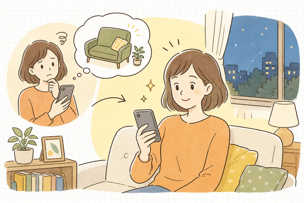 スマホでお気に入りの商品をカートに入れたまま迷っていたお客さんに、「在庫が残りわずか」という正直なお知らせがそっと届き、ほっとして購入を決める情景