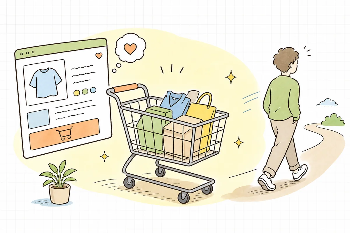 購入の最後の一歩でカートから離れようとする顧客を表すイラスト