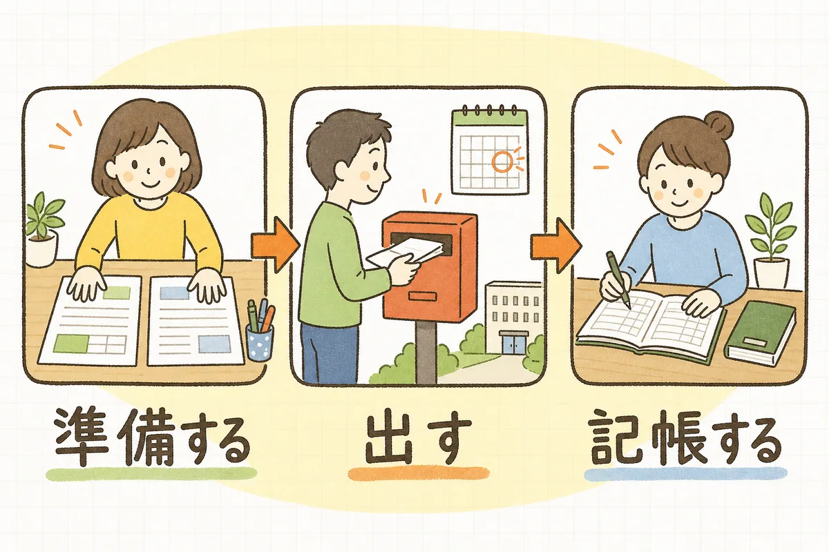 開業届と青色申告承認申請書を、書類を準備する・期限内に出す・帳簿をつける、の3ステップで示した図