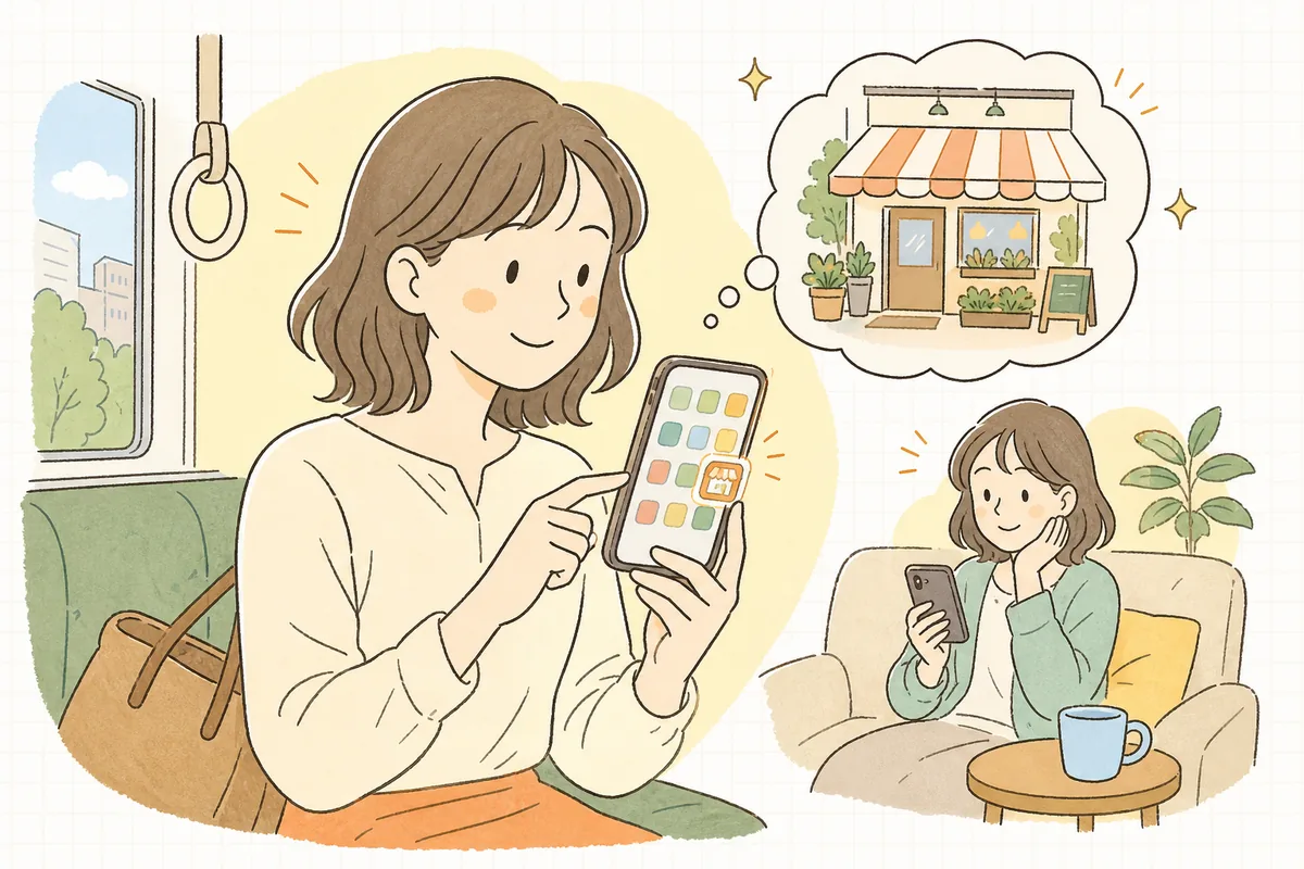 スマートフォンのホーム画面にあるお店の会員アプリのアイコンを見て「そういえば、あのお店また見てみよう」と思い出し、うれしそうに開こうとしているお客さんの情景