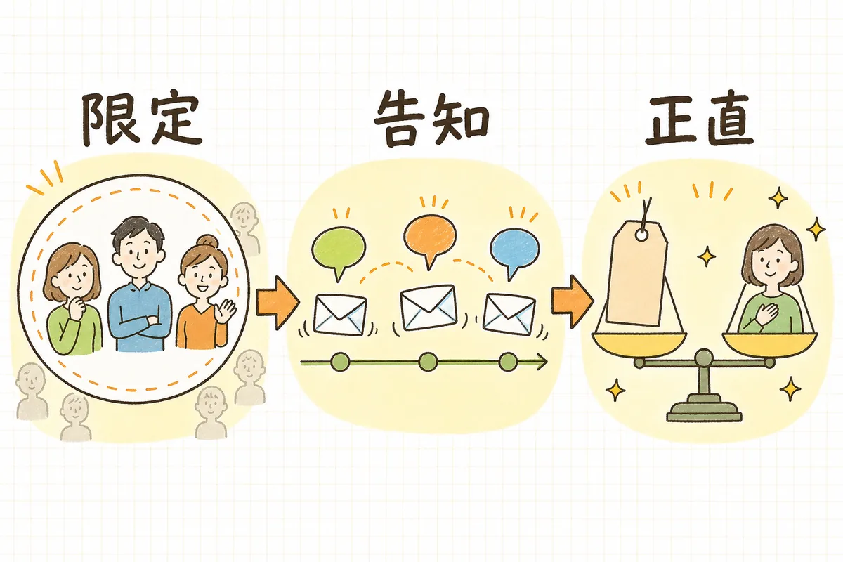 会員限定セールを設計する3つの手順（対象をしぼる・段階的に告知する・正直に価格を伝える）を左から右への流れで示した図