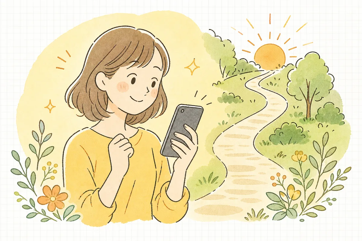 会員向けの特別なお知らせを受け取ったお客さんが、うれしそうにスマホを見て次の買い物を楽しみにしている明るい情景