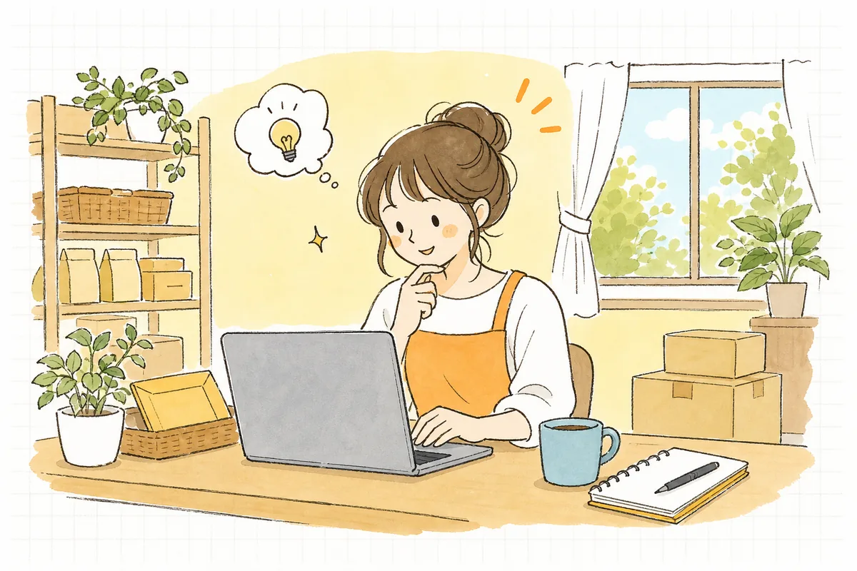 注文完了画面を見ながら「会員登録、あと一歩だったのにな」と少し残念そうに、でも改善のヒントを思いつきかけているショップ担当者の情景