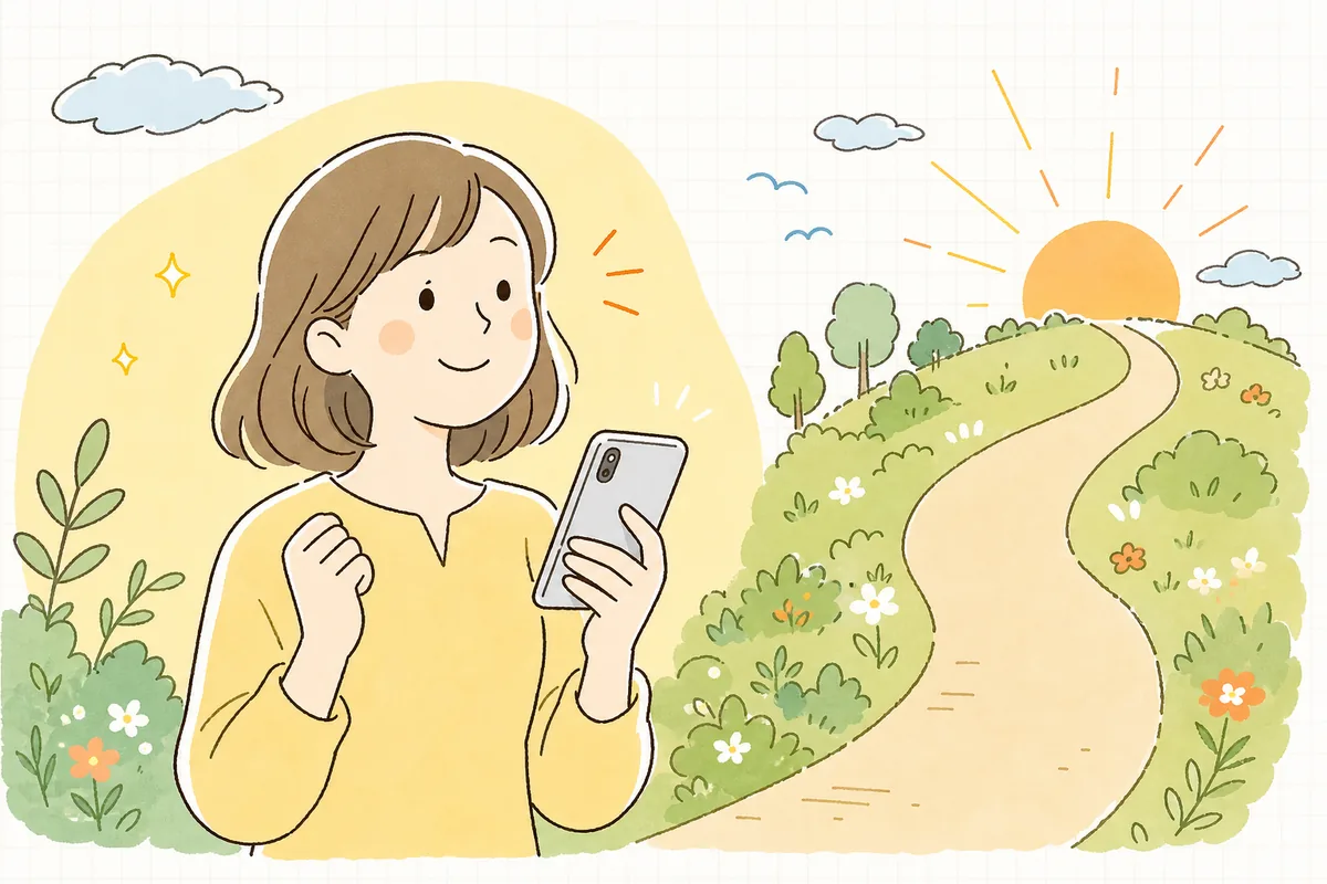 会員登録を終えたお客さんが、次はスムーズに買い物できると分かって笑顔でスマホを見ている明るい情景