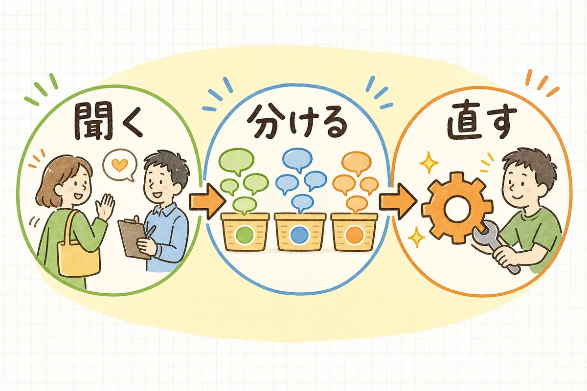 解約時に理由を聞き、分類して、一つ改善するという3つの流れを左から右へ示した図