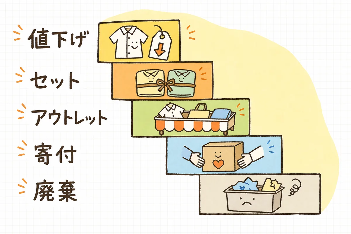 眠る在庫を値下げ・セット販売・アウトレット・寄付・廃棄の順に、回収できる金額が高いものから段階的に試していく階段状の図