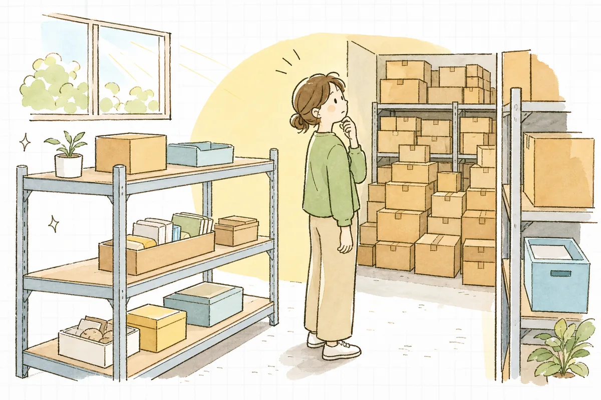 倉庫の奥でほこりをかぶって動かなくなった在庫の箱を前に、EC担当者が「これ、いつから置きっぱなしだろう」と考え込んでいる様子