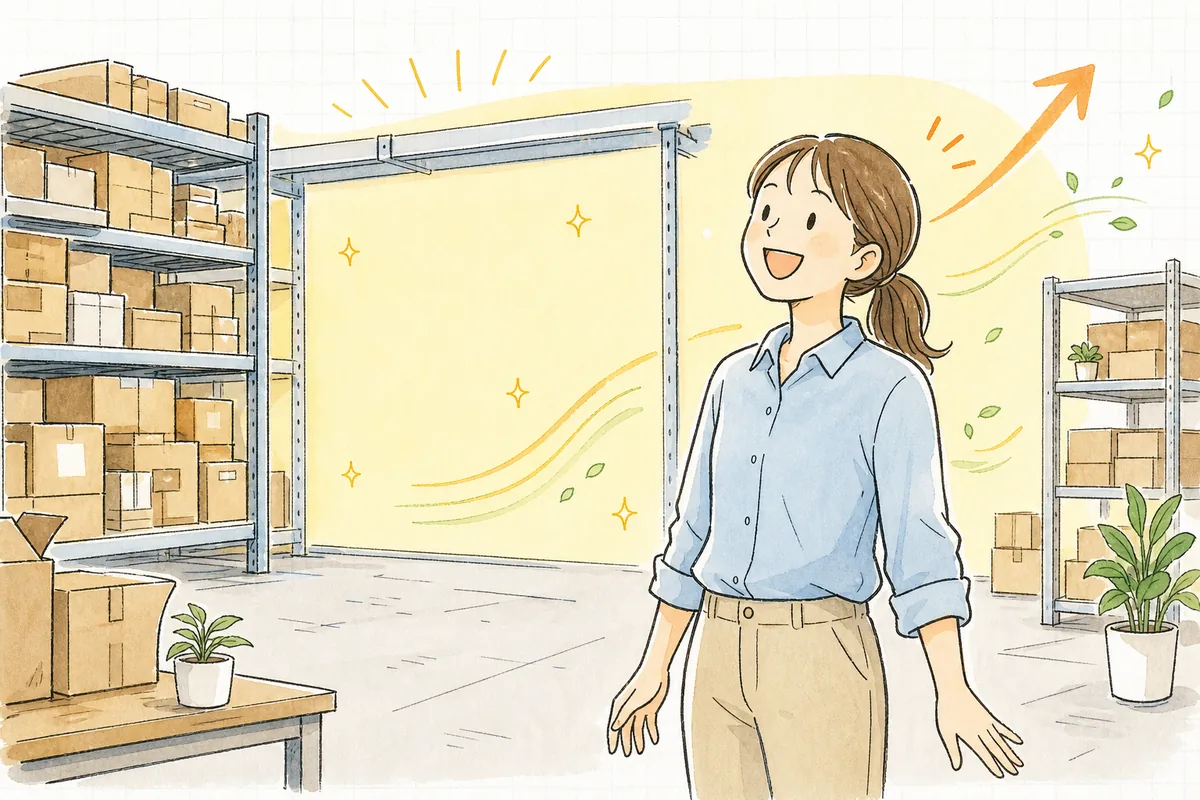 すっきり片づいた倉庫を前に、眠っていた在庫を現金に戻せて安心し、次の仕入れに前向きな表情を見せるEC担当者の明るい様子