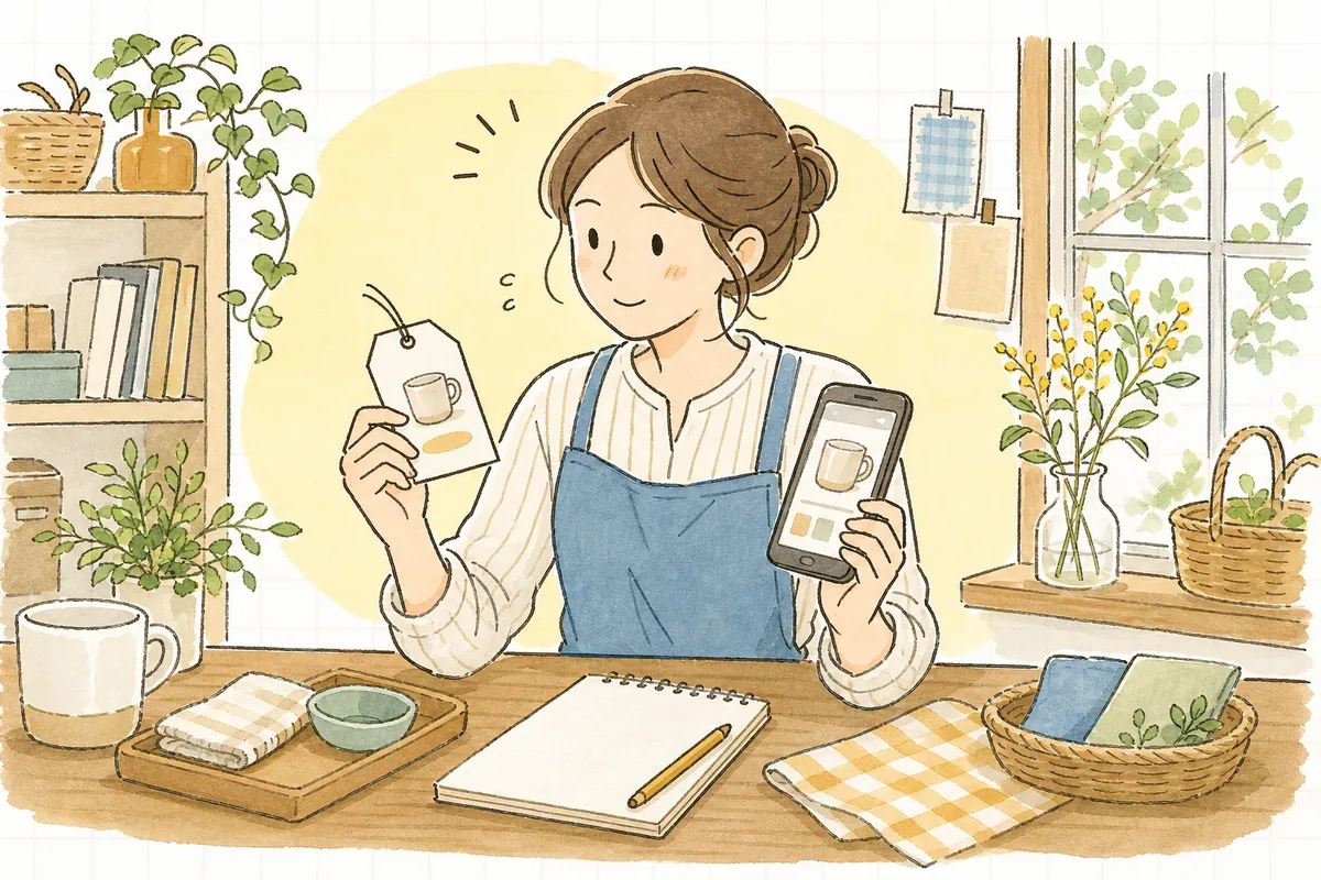 商品ページの価格表示をどう見せるか、値札とスマホを並べて考えているショップ担当者