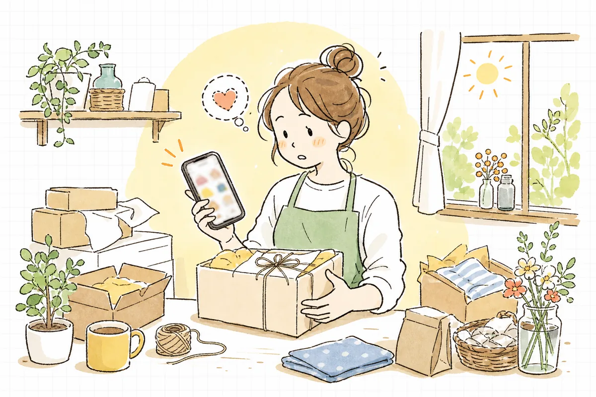スマホに映る激安モールの価格を見て少し不安な顔をしながらも、自分の店の商品を手に取って考え直しているショップ担当者