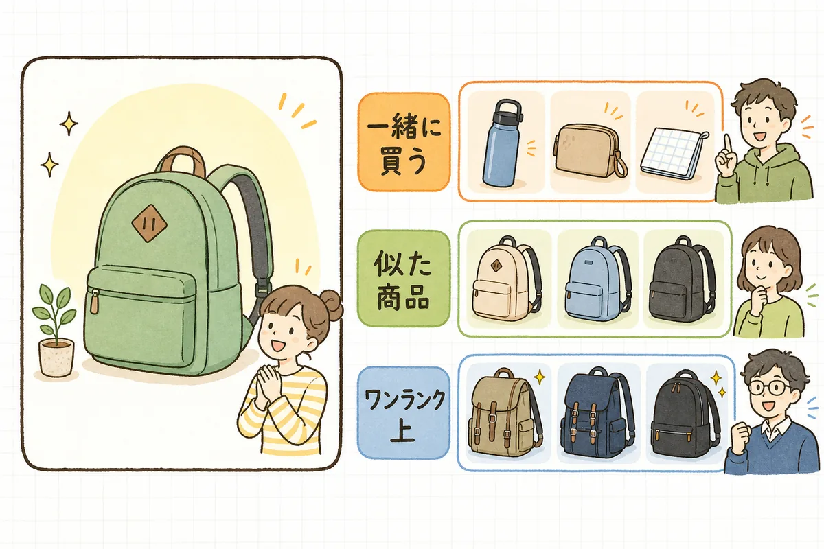 1つの商品ページの中で、関連商品の枠を「一緒に買う」「似た商品」「ワンランク上」の3つの役割に分けて置く場所を示した概念図