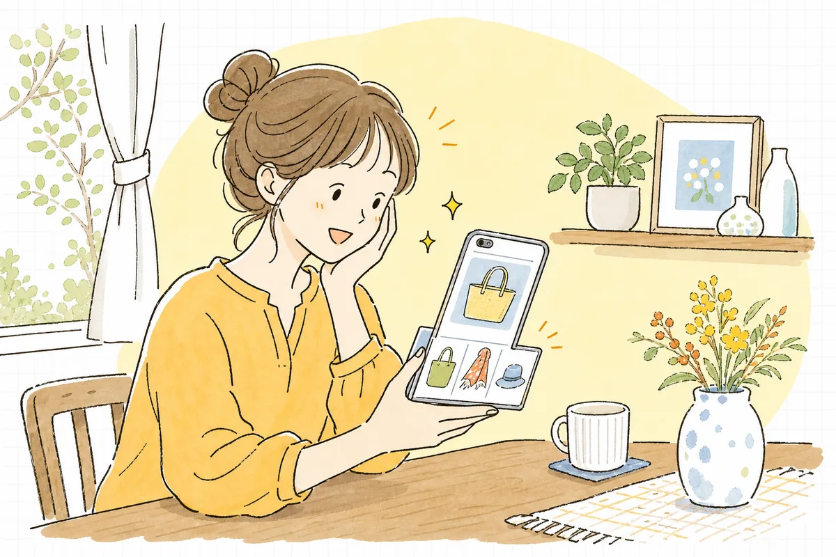 スマートフォンの商品ページの下にある「こんな商品もいかがですか」という並びを見て、思わずもう一つ気になる商品に目をとめて嬉しそうにしているお客さんの情景
