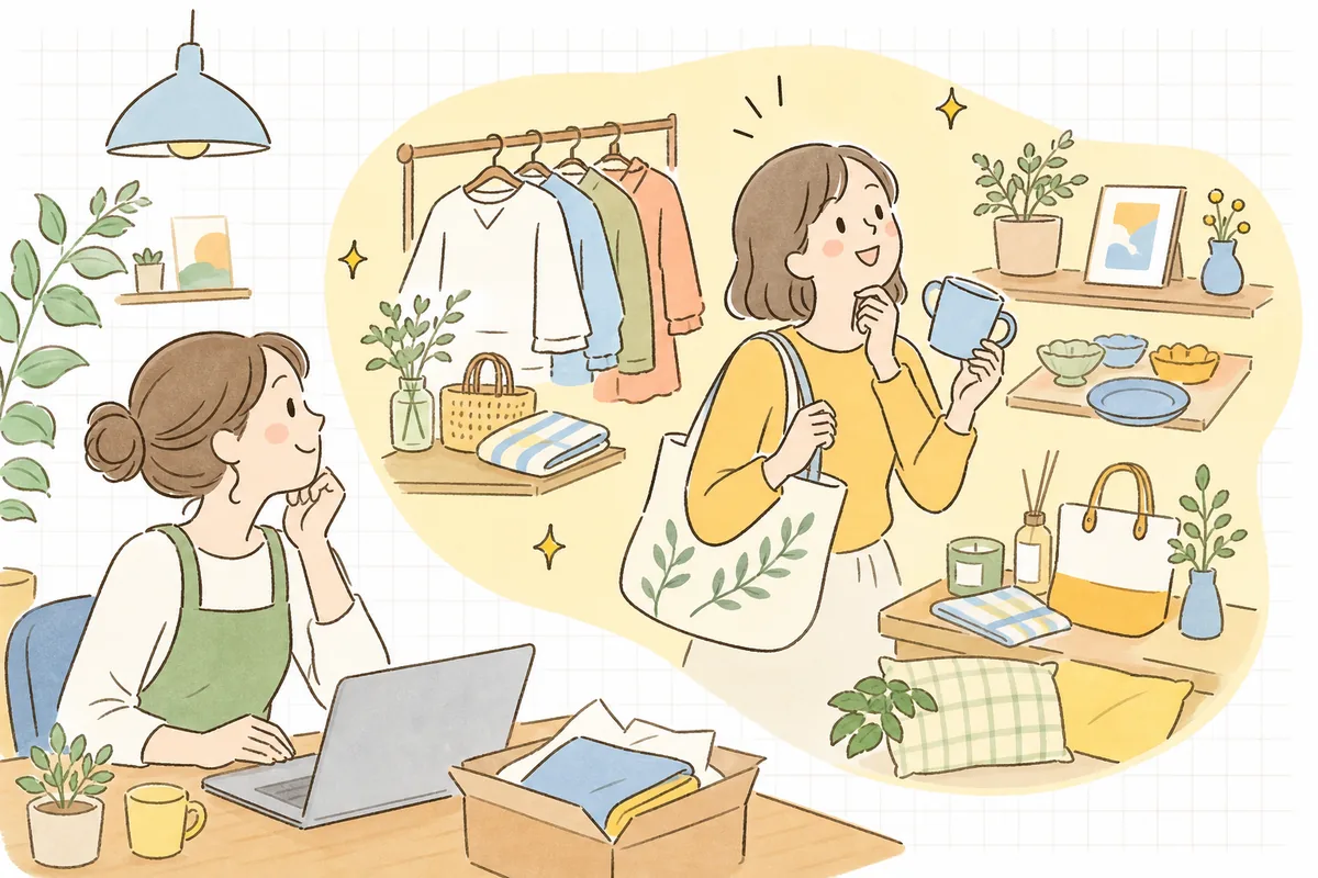 お店の担当者が、お客さんがお店の中をあちこち楽しそうに見て回っている様子を、あたたかく見守って笑顔になっている明るい情景