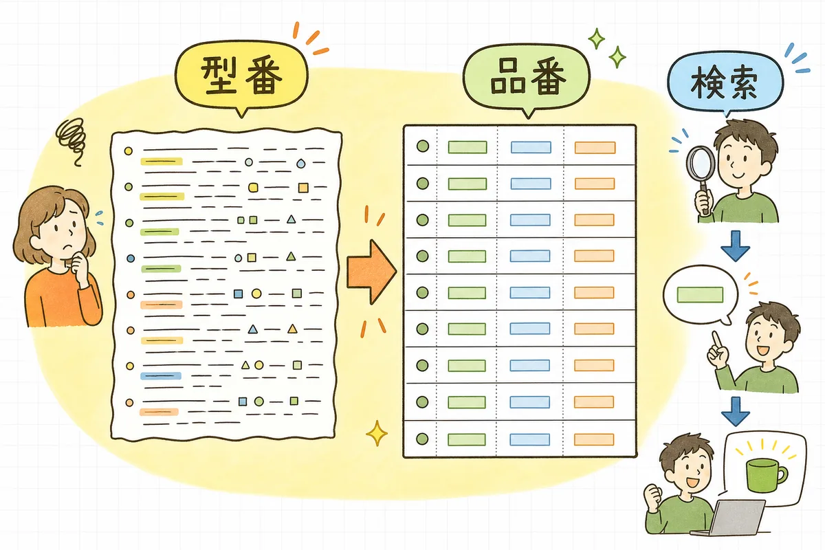 型番・品番・JANコードを決まった場所にそろえて載せ、指名検索の受け皿にするまでの流れを示した図