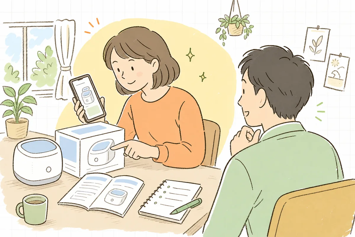 手元の古いリモコンや箱に書かれた型番と、スマホの商品ページを見比べて「これで合ってるかな」と確かめているお客さんの情景
