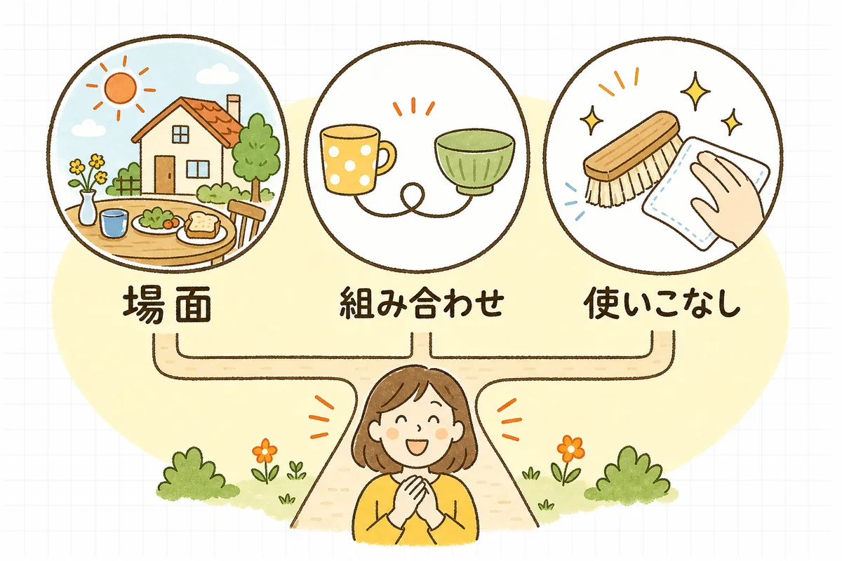 活用シーンを見せる3方向(使う場面・組み合わせ・使いこなし)を並べて示した図