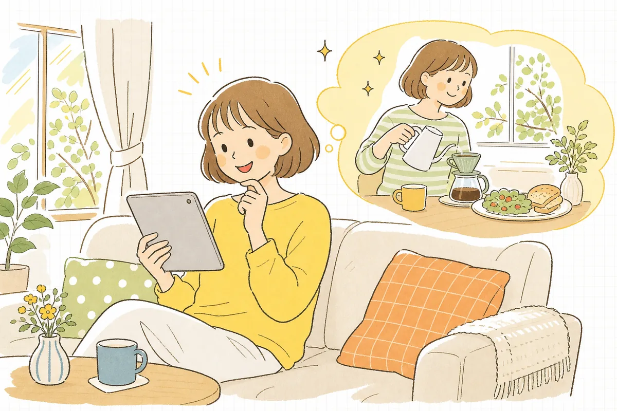 商品ページを見ながら「これ、自分の暮らしのどこで使うんだろう」と想像をふくらませているお客さんの情景