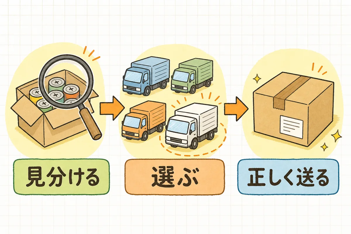 危険物かどうかを見分け、送れる配送方法を選び、正しく梱包・表示するという発送の3ステップを左から右へ並べた概念図