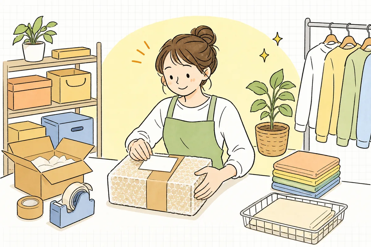 ていねいに梱包した荷物に安心した表情でラベルを貼り、迷いなく発送を進めるネットショップの担当者の情景