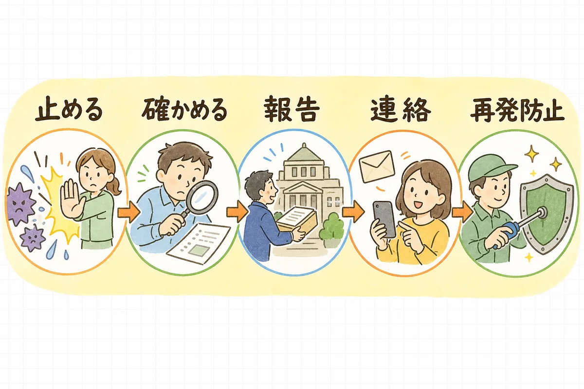 個人情報の漏えい発生後にとる5つのステップ（止める・確かめる・委員会へ報告・本人へ連絡・再発防止）を左から順に並べた対応フロー図