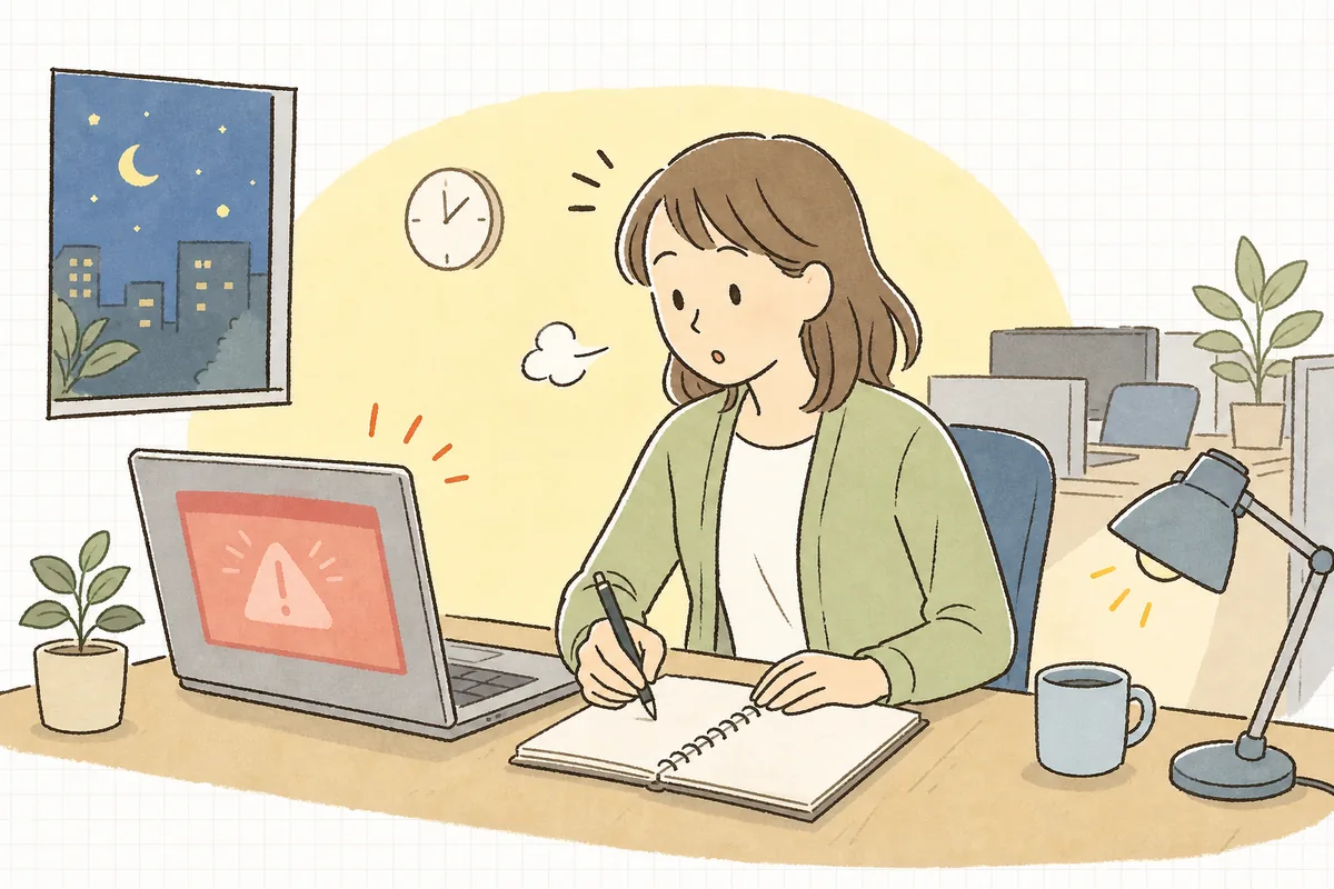 深夜のパソコン画面で不正アクセスの通知に気づき、ハッとしながらも落ち着いて対応メモを取り始めるEC担当者の情景