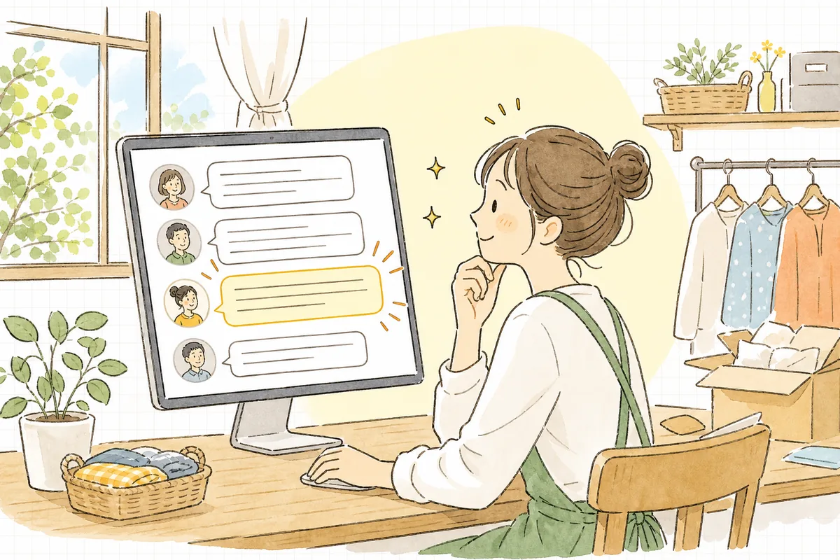 レビューや問い合わせに埋もれたお客さんの声に気づき、それを商品改善のヒントとして拾い上げようと前を向くEC担当者の情景