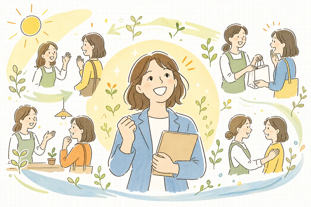 購入サイクルに合わせた声かけがうまくいき、お客さんが戻ってきて明るい表情で前を向くEC担当者