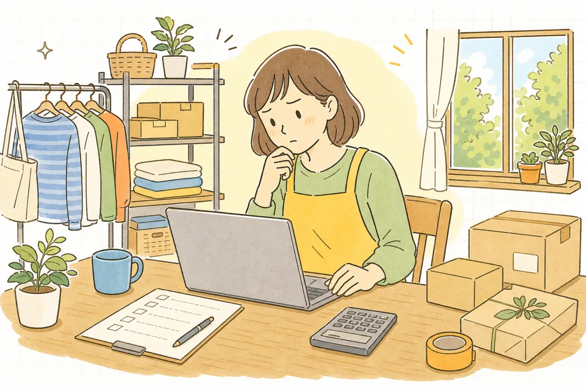 月末に広告の管理画面を開き、増えていく広告費の内訳を落ち着いて見直しているショップ担当者の情景