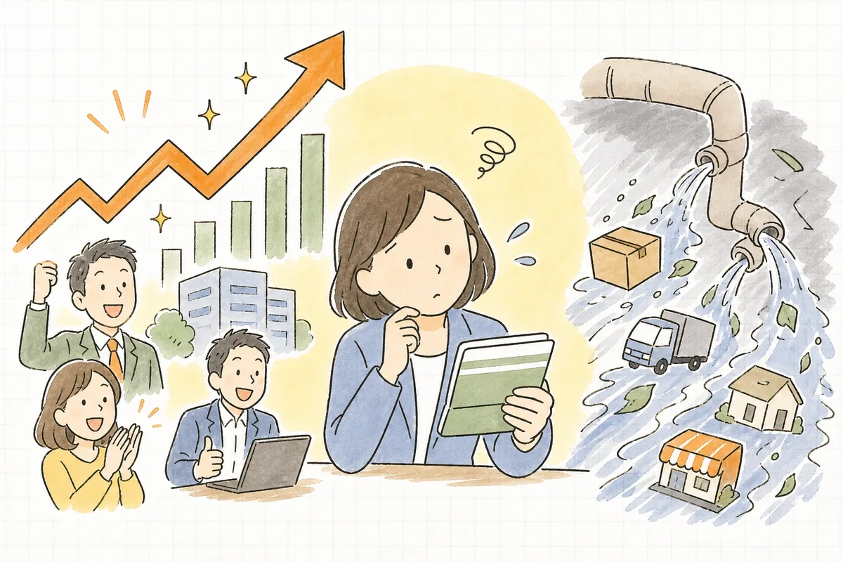 売上は伸びているのに手元にお金が残らず首をかしげるEC担当者の情景