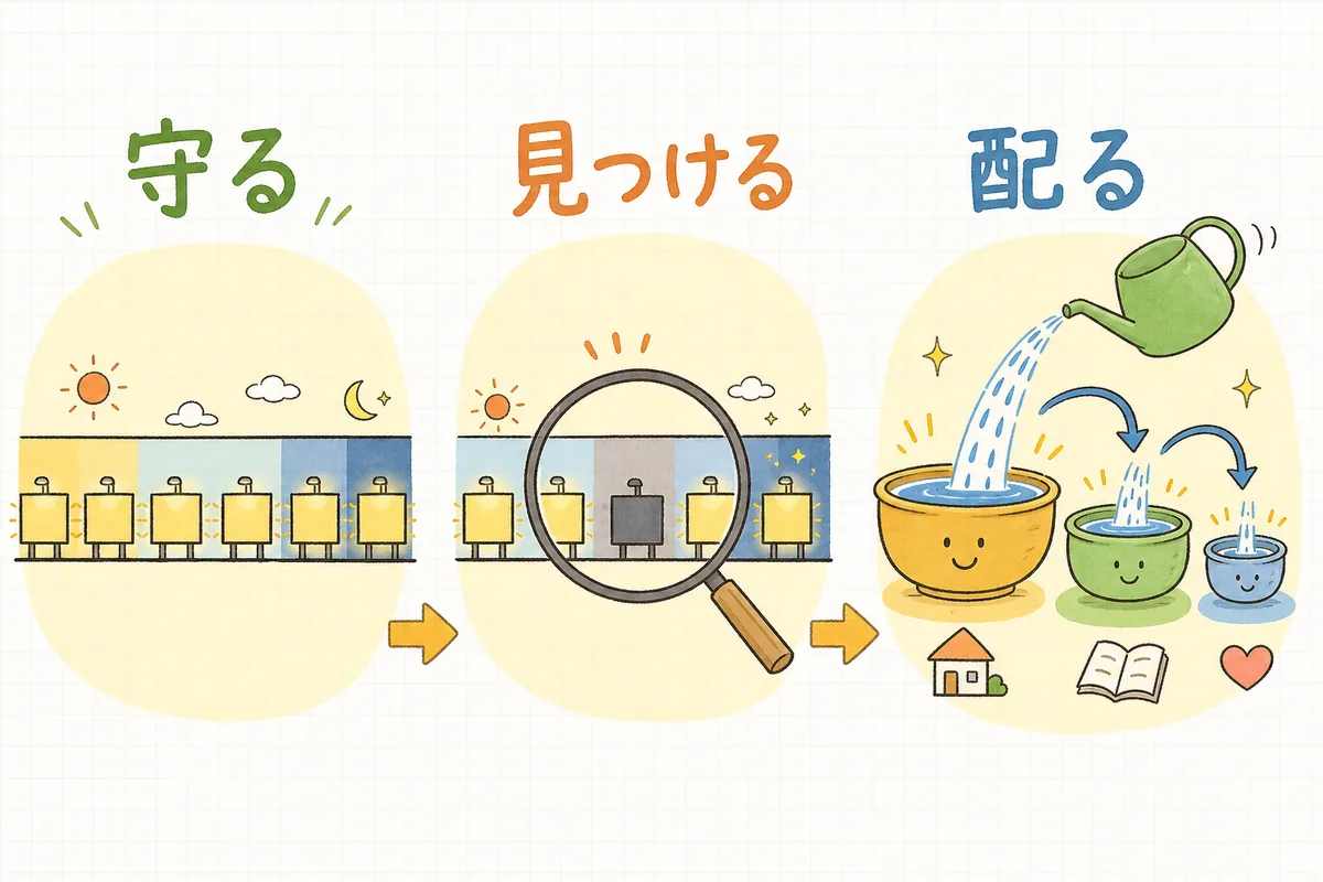 日予算を「売れる時間を守る」「予算切れを見つける」「役割の順に配る」の3ステップで整えることを示した図