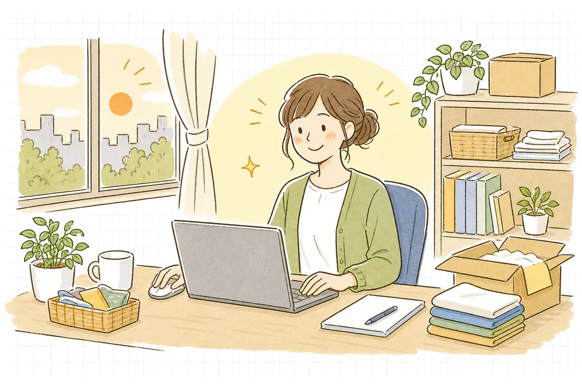 一日を通して広告が止まらず回り、夕方の店内で担当者が穏やかな表情で手応えを感じている明るい情景