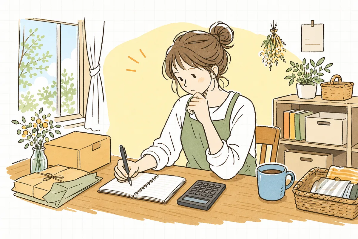 小さなネットショップの店主が、限られた広告予算をどこに使うか、机の上で少額の資金を大切そうに見比べながら考えている情景