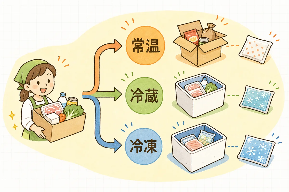 商品を常温・冷蔵・冷凍の3つの温度帯に振り分け、それぞれに合った梱包と配送を選ぶ流れを表した図
