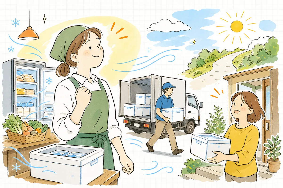 クール便で送り出した冷たい荷物が、暑い日でもひんやりしたまま無事にお客さんのもとへ届き、担当者が安心して前を向いている明るい情景