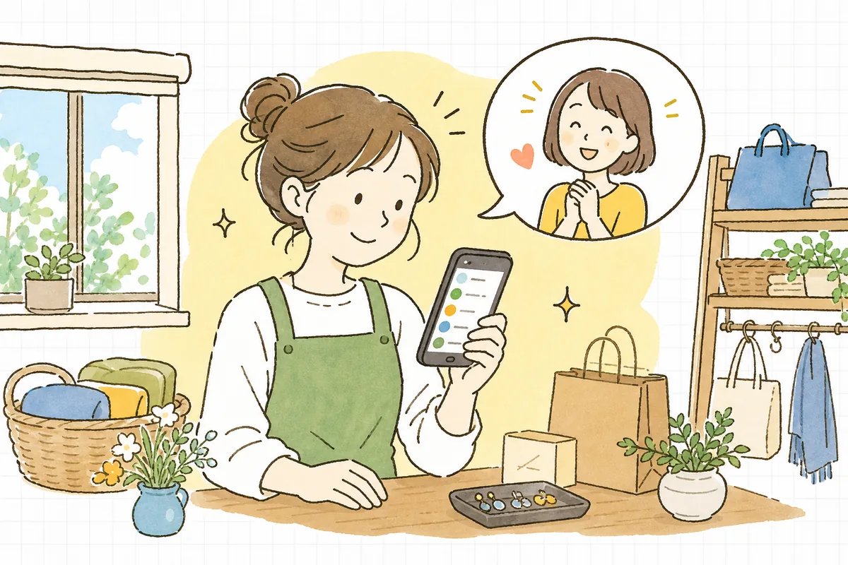 スマホでLINEを開いた画面に自分のお店の広告が表示され、「友だち追加」でつながってくれたお客さんとの新しい接点が生まれる情景を、店主が明るく見守っている様子