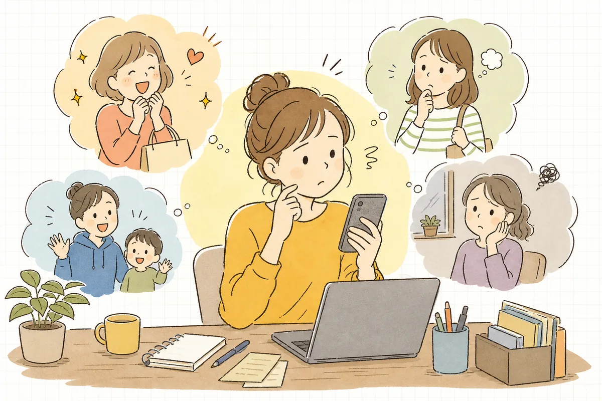スマホのLINE配信画面を前に、届けたい相手が一人ひとり違うことに気づいて考え込むEC担当者の情景